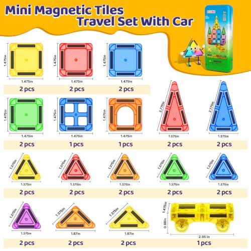 Mini Magnetic Tiles Travel Set with Car, Magnetic Toys for Toddlers | Magnetic Blocks for Kids Ages 3+, Portable Travel Kids Toys with Metal Storage Box, Christmas Birthdays Gifts for Boys Girls