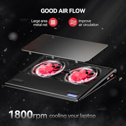 TECKNET Laptop Cooling Pad - 12"-15.6" Laptop Cooler with Quiet Cooling Fan | USB-A & USB-C Powered Cooling Stand with Adjustable Wind Speeds for Gaming, Work & Everyday Computing, Red LED - color: Red