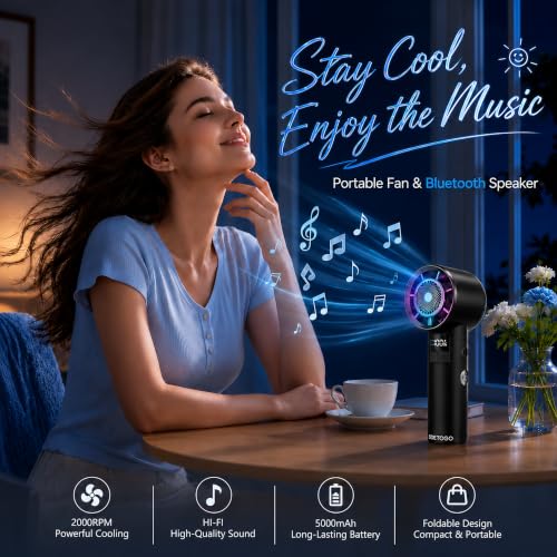 Portable Handheld Turbo Fan: 20000RPM Cooling - Bluetooth Speaker & 5000mAh | Stay Cool with Music - Foldable 4-in-1 Design - LED Display & RGB Lighting - 100 Speed Scroll Wheel - For Festivals Gifts - color: Matte Black