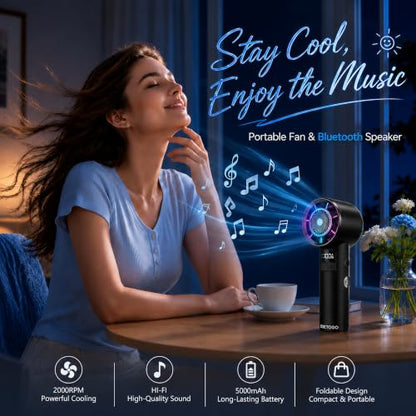 Portable Handheld Turbo Fan: 20000RPM Cooling - Bluetooth Speaker & 5000mAh | Stay Cool with Music - Foldable 4-in-1 Design - LED Display & RGB Lighting - 100 Speed Scroll Wheel - For Festivals Gifts - color: Matte Black