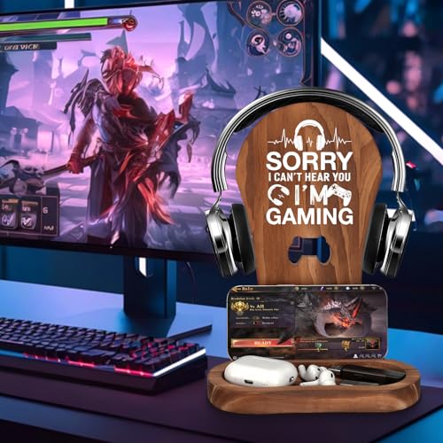 Gamer Gifts for Men Teenage Boys Birthday Christmas, Gaming Headset Stand | Birthday Gifts for Him Men Son Boyfriend Brother, Gamer Lovers Room Decor Stuff Wooden Headset Holder - style: Sorry I Can't Hear You I'm Gaming