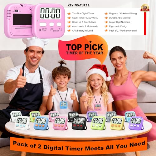 2 Pack Digital Timer for Kids Classroom Kitchen Timers for Cooking | w/ Battery, Easy to View, Alarm, Mute Mode, Count Down/Up, Magnetic, Kickstand, Hanging, Classroom Timer for Teacher Supplies - color: Relaxing Pink