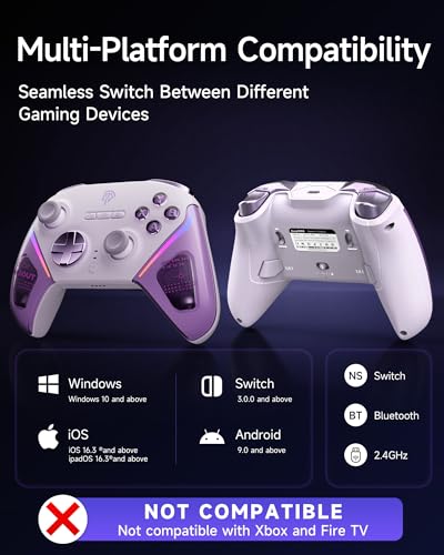 EasySMX D10 PC Controller - Elite Wireless Bluetooth Pro Controller with TMR Joystick, Dual-Mode Triggers & Full Mechanical Buttons, 1000Hz Polling Rate, RGB Lighting for PC/Switch/Android/iOS - color: Purple