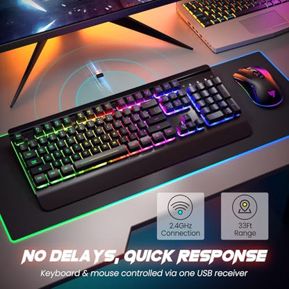 Wireless Gaming Keyboard and Mouse Combo, Metal Panel, 7 Color Backlits, Rechargeable 3200 mAh Battery, Wrist Rest, Sleep Mode, Light Up Keyboard + 7D 3200DPI Gaming Mice for PC Gamer | 7 Color Backlits, Rechargeable 3200 mAh Battery/Wrist Rest/Sleep Mode