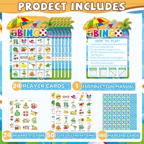 39Pcs Pool Party Bingo Game for Adults Kids 24 Players Summer Party Bingo Game Cards with Reward Stickers for Family Friend Student Large Group Activities Hawaiian Tropical Beach Parties Supply Favors - style: Pool Party