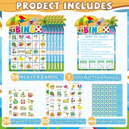 39Pcs Pool Party Bingo Game for Adults Kids 24 Players Summer Party Bingo Game Cards with Reward Stickers for Family Friend Student Large Group Activities Hawaiian Tropical Beach Parties Supply Favors - style: Pool Party