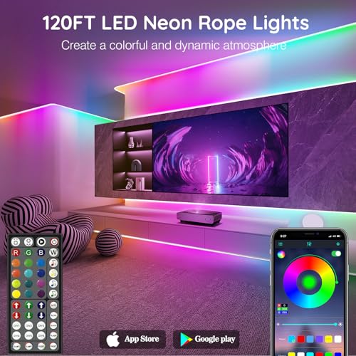 SINLEY Led Neon Rope Lights 120FT,Control with App/Remote,Flexible Led Rope Lights,Multiple Modes,IP68 Outdoor RGB Neon Lights Waterproof,Music Sync Gaming Led Strip Lights for Bedroom Indoor - size: 120FT