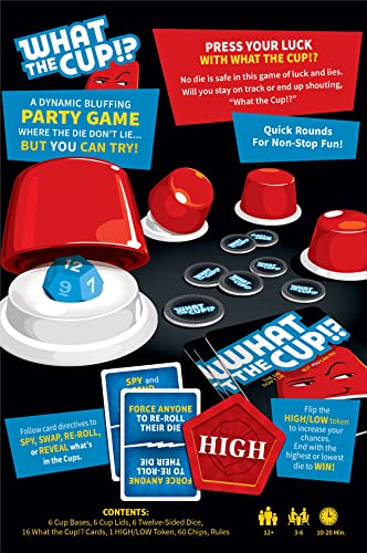 What The Cup!? | Social Bluffing Dice Game | Featuring Handheld Dice Cups & D12 Dice | Spy, Swap, Steal The Winning Cup | 3-6 Players, Ages 12+