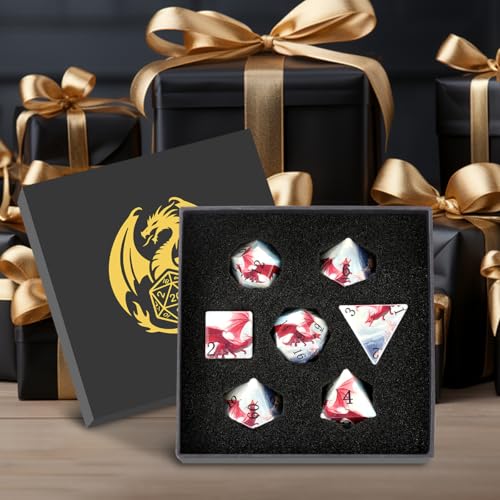 DND Dice Set, Dragon Theme Dice Set, UV Printed, Resin Material, DND Starter Set, 7pcs Polyhedral Dice Set with Dice Box, Role Playing Board Games Accessories - color: Dragon Style Gift Box