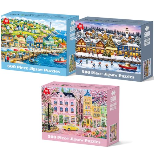 3 Pack 500 Piece Puzzles for Adults Colorful Scenic Jigsaw Puzzle Set Winter Village Seaside Town Puzzles for Teens Seniors, Cottage Landscape Puzzle Letters on Back, Challenging Family Game Gift