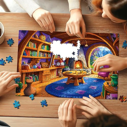 Fantasy Wizard Library 1000 Piece Puzzles for Adults, Cozy Treehouse Reading Room Jigsaw Puzzle with Letter on Back & Reference Poster, 1000 Piece Puzzles for Family Game Night Gift for Book Lovers - color: Fantasy Library
