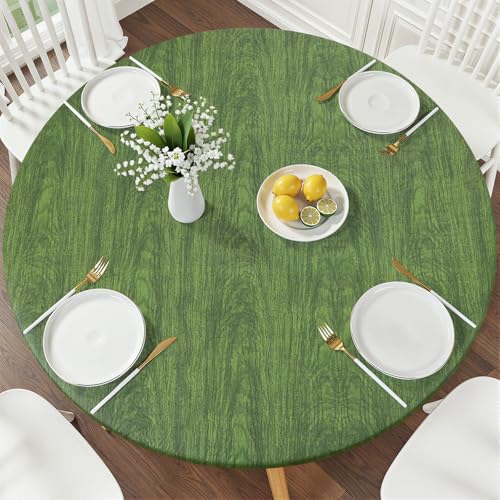 Smiry Round Picnic Tablecloth, Waterproof Elastic Fitted Table Covers for 36" - 44" Tables, Wipeable Flannel Backed Vinyl Tablecloths for Camping, Indoor, Outdoor, Green - color: Green, size: For Up to 36"-44" Round