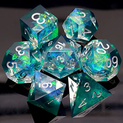 Haxtec Sharp Edge DND Dice Set, Iridecent Resin Polyhedral RPG Dice | Green Galaxy Holographic D&D Dice, Compatible with Dungeons and Dragons, Handmade 7-Die with Metal Case, TTRPG Gifts - color: Green