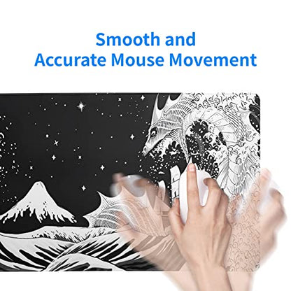 Black and White Japanese Wave Dragon Gaming Mouse Pad - Abstract Mat with Non-Slip Rubber Base, 31.5x11.8 Inch, Stitched Edges - Desk Pad for Office and Home - color: Japanese Waves Sea Dragon