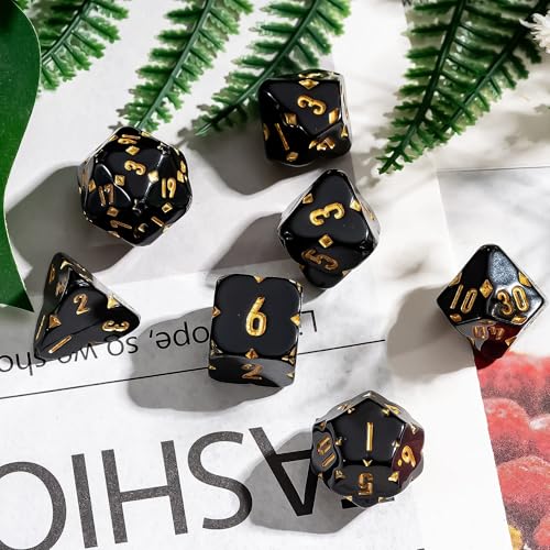 7PCS Resin DND Dice Set Black D&D RPG Dice Set for Tabletop Games | Leather Storage Bag, DM Gift, for Dungeons and Dragons Role Playing Games - color: F-black