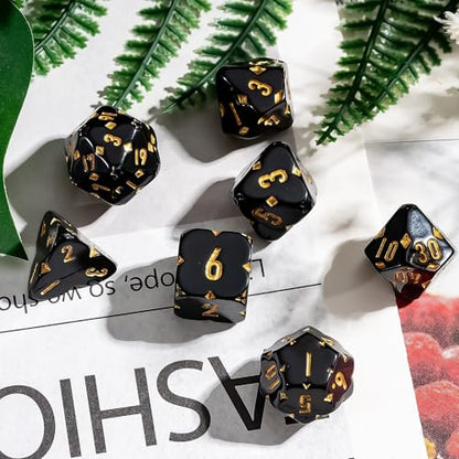 7PCS Resin DND Dice Set Black D&D RPG Dice Set for Tabletop Games | Leather Storage Bag, DM Gift, for Dungeons and Dragons Role Playing Games - color: F-black