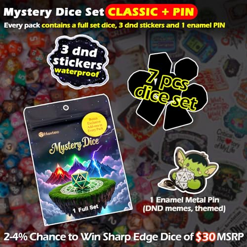 Haxtec Mystery DND Dice Set, 7 Pcs Random Resin Polyhedral RPG Dice | 3 Funny Stickers, 1 Enamel Pin, TTRPG Gifts, Dungeons & Dragons, Sharp Edge Upgrade Chance, No Duplicates in 2/5 Packs - style: Classic + Pin