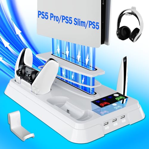 PS5/Slim/Pro Cooling Station for PlayStation 5 Console,PS5 Cooler Fan with Dual PS5 Controller Charger Incl. 3 Level Fans,Headset,3 USB Hubs,PS5/Slim/Pro Stand for PlayStation 5 Console Accessories - color: White