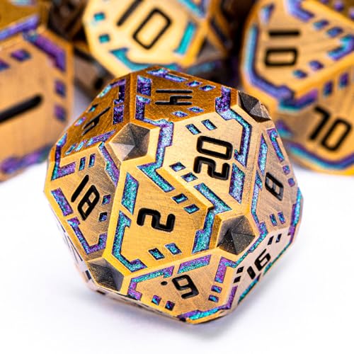 Metal DND Sci-fi Dice Set 7PCS Stripe Polyhedral Dice for Dungeons Dragons RPG Role Playing Game, Glitter D and D Dice with Gift Box D6 D8 D10 D12 D20 (Ancient Gold&Green Purple) - color: Ancient Gold - Green Purple