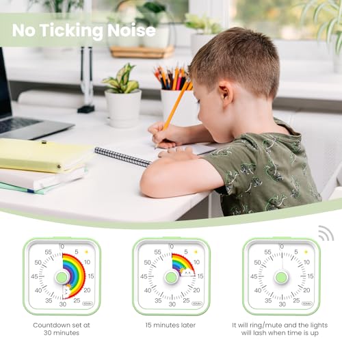 Visual Timer for Kids, Rainbow Timer with Pause Function, Green | Cute Silent Timer for Classroom, ADHD, Kitchen, Toddlers, Study, Alarm 3 Volume Levels, Light Indicator, Easy to Use - color: Rainbow Green