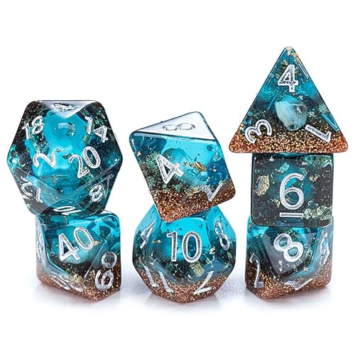 Gate Keeper Games and Dice: Inclusion Dice: Biome - Deep Sea - 7pc Set, Aquatic Blue, Sand & Conch Shell Inclusion, 7 Resin Dice for Role Playing Games