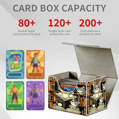 Cats Reading Books for MTG Deck Box, 100+ Double Sleeved Card Storage Case, PU Leather Commander Deck Case for TCG Magic Yugioh, Magnetic Closure - color: Cats Reading Books