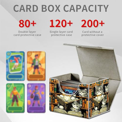 Cats Reading Books for MTG Deck Box, 100+ Double Sleeved Card Storage Case, PU Leather Commander Deck Case for TCG Magic Yugioh, Magnetic Closure - color: Cats Reading Books