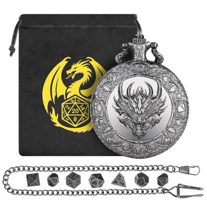 Mini DND Dice Set, with Steampunk Dragon Head Pocket Watch Shell Case, 7-Piece Polyhedral Metal D&D Dice, DND Gift Bag with Dragon Logo, MTG, Role Play Board Game Accessories, Dark Silver