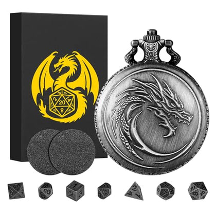 Mini DND Dice Set with Steampunk Dragon Head Totem Pocket Watch Case, Tiny 7PCS Polyhedral Metal D&D Dice, DND Gifts with Gift Box, Role Playing Game Board Game Accessories Dice, Dark Silver - color: Dark Silver