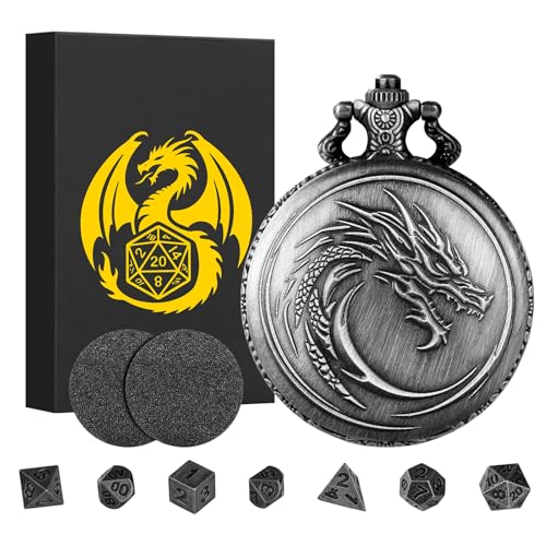 Mini DND Dice Set with Steampunk Dragon Head Totem Pocket Watch Case, Tiny 7PCS Polyhedral Metal D&D Dice, DND Gifts with Gift Box, Role Playing Game Board Game Accessories Dice, Dark Silver - color: Dark Silver