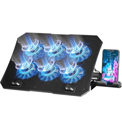 AICHESON Laptop Cooling Pad for 12-15.6 Inch, 6 Cooler Fans, Blue Lights | Laptop Cooling Stand with 2 USB Ports, Adjustable Heights Base