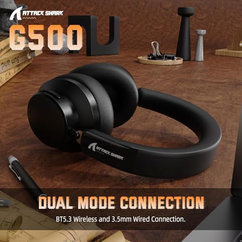 ATTACK SHARK G500 Wireless Over-Ear Noise Canceling Gaming Headphones-Black | Dual Mode-Bluetooth 5.3/3.5mm Audio Wired Cable,20H Playtime,Hifi Stereo Sound,Deep Bass,Built-in Mic for PC Mac Smartphone