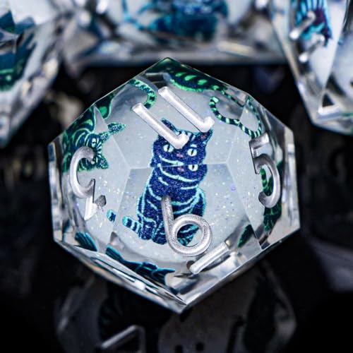 DND Cat Dice 7PCS Polyhedral Sharp Edge Dice Set with Gift Case for Dungeons Dragons Role Playing Game, RPG Resin D and D Dice D6 D8 D10 D12 D20 D% (Silvery White) - color: Colorful Cat - Silver White