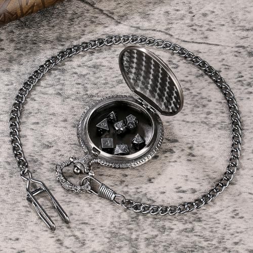 Mini DND Dice Set with Steampunk Wolf Pocket Watch Shell Case, 7pcs Polyhedral Metal D&D Dice Set, DND Gifts with Gift Box for Gamer, Role Playing Board Games Accessories, Dark Silver, Zinc Alloy - color: Dark Silver