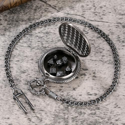 Mini DND Dice Set with Steampunk Wolf Pocket Watch Shell Case, 7pcs Polyhedral Metal D&D Dice Set, DND Gifts with Gift Box for Gamer, Role Playing Board Games Accessories, Dark Silver, Zinc Alloy - color: Dark Silver