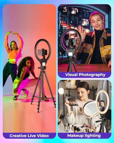 Sensyne 10'' RGB Ring Light with 50'' Extendable Tripod Stand, Circle Lights with Phone Holder for Live Stream/Makeup/YouTube Video/TikTok, Compatible with All Phones - color: RGB, size: 10-inch