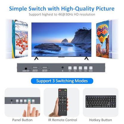 4 Port HDMI KVM with Multi-Viewer, 4x1 Quad Multiviewer Seamless Switcher, Support 4K@30Hz, PIP & POP, Keyboard Hotkey Switch, 3.5mm Audio Output - size: 4K30Hz 4x1 w/KVM