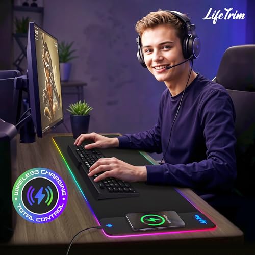LifeTrim RGB Gaming Mouse Pad with Wireless Charging 15W, LED Mousepad 35.5x12 Inch XXL Large Desk Mat, 10 Light Modes, 4mm Thick Non-Slip Waterproof Keyboard Pad for PC MacBook Laptop, Gamer Gift