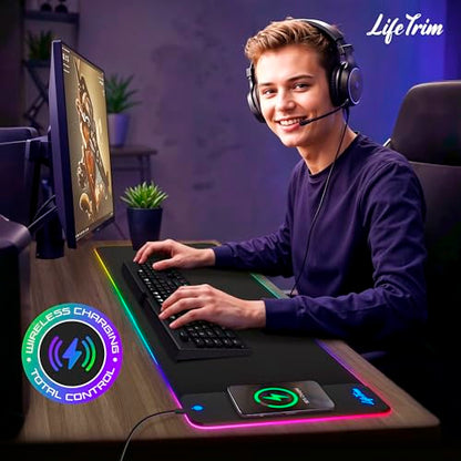LifeTrim RGB Gaming Mouse Pad with Wireless Charging 15W, LED Mousepad 35.5x12 Inch XXL Large Desk Mat, 10 Light Modes, 4mm Thick Non-Slip Waterproof Keyboard Pad for PC MacBook Laptop, Gamer Gift