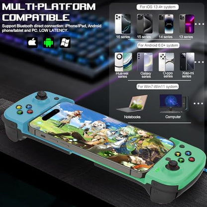 arVin Wireless Gaming Controller for iPhone Android Gamepad Joystick for iPhone 15/14/13, iOS, iPad, MacBook, Samsung Galaxy S23/22/21, TCL, One Plus, Tablet, PC, Call of Duty Mobile, Genshin, Diablo - color: Green&Blue