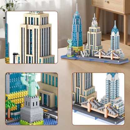 New York Skyline Micro Mini Blocks Building Set, The Statue of Liberty,Empire State Architecture Building, Brooklyn Bridge, Gift for Kids and Adults (3262 Pieces) - style: New York Skyline
