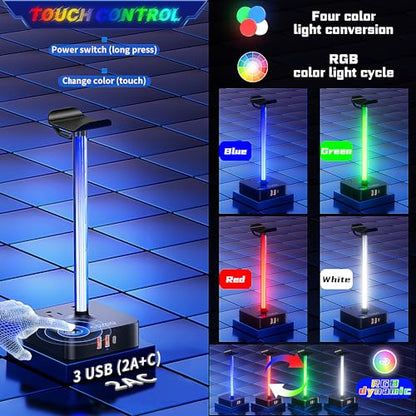 RGB Headphone Stand with USB Charger COZOO Desktop Gaming Headset Holder Hanger with 3 USB Charger and 2 Outlets - Great for Gaming, DJ, Wireless Earphone Display,Gamer PC Accessories Boyfriend Gifts | Gaming Headset Stand Holder for Desk, 3 USB(1 USB C)