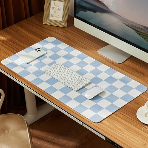 Ohocut Checkered Desk Mat, Large Cute Aesthetic Retro PU Leather Computer Laptop Desk Mat, Non-Slip Waterproof Mouse Keyboard Pad, Desk Writing Mat for Work/Home (Blue, 23.6" x 13.7") - color: Blue, size: 23.6" x 13.7"