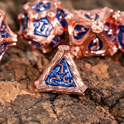 Metal Dice Set D&D Polyhedral Metal DND Dice Blue for Tabletop Games | Leather Storage Bag, DM Gift, for Dungeons and Dragons Role Playing Games - color: Metal Tree-copperblue
