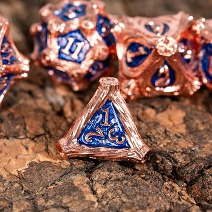 Metal Dice Set D&D Polyhedral Metal DND Dice Blue for Tabletop Games | Leather Storage Bag, DM Gift, for Dungeons and Dragons Role Playing Games - color: Metal Tree-copperblue