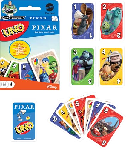 Mattel Games UNO Pixar Card Game for Kids, Adults & Family, Deck with Graphics & Rule Inspired by Movie Characters - style: UNO Pixar