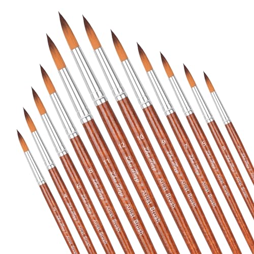 12pcs Round Watercolor Brushes for Acrylic Painting Round Pointed Paint Brushes Round Tipped Face Paint Brush Professional Oil Paintbrushes for Body Rock Miniature Model Artist Painting - color: Brown