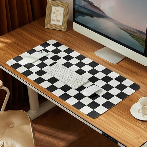 Ohocut Checkered Desk Mat, Large Cute Aesthetic Retro PU Leather Computer Laptop Desk Mat, Non-Slip Waterproof Mouse Keyboard Pad, Desk Writing Mat for Work/Home (Black, 23.6" x 13.7") - color: Black, size: 23.6" x 13.7"