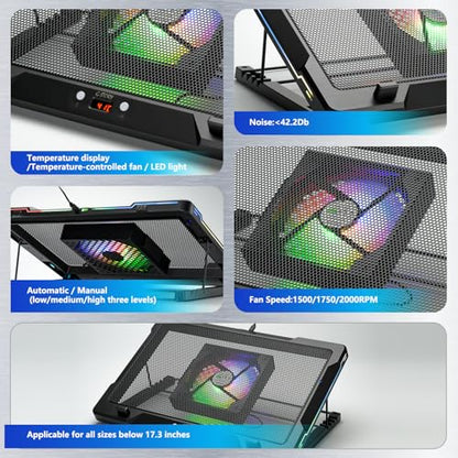 G-STORY Gaming Laptop Cooling Pad with Movable Fan and Automatic Speed Adjustable by Temperature,Music Sync RGB Light,Low Noise Laptop Cooler 3 Speed 1500/1750/2000RPM(140MM) Stand 12–17.3" Notebook
