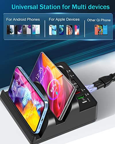 Wireless Charging Station with 6 USB Ports, 8 in 1 15W Dual Wireless Charger Station, 2 QC/2 PD USB Fast Charging Station, 80W Phone Charger for iPhone14/13/12/11/X/Samsung/Android/iWatch